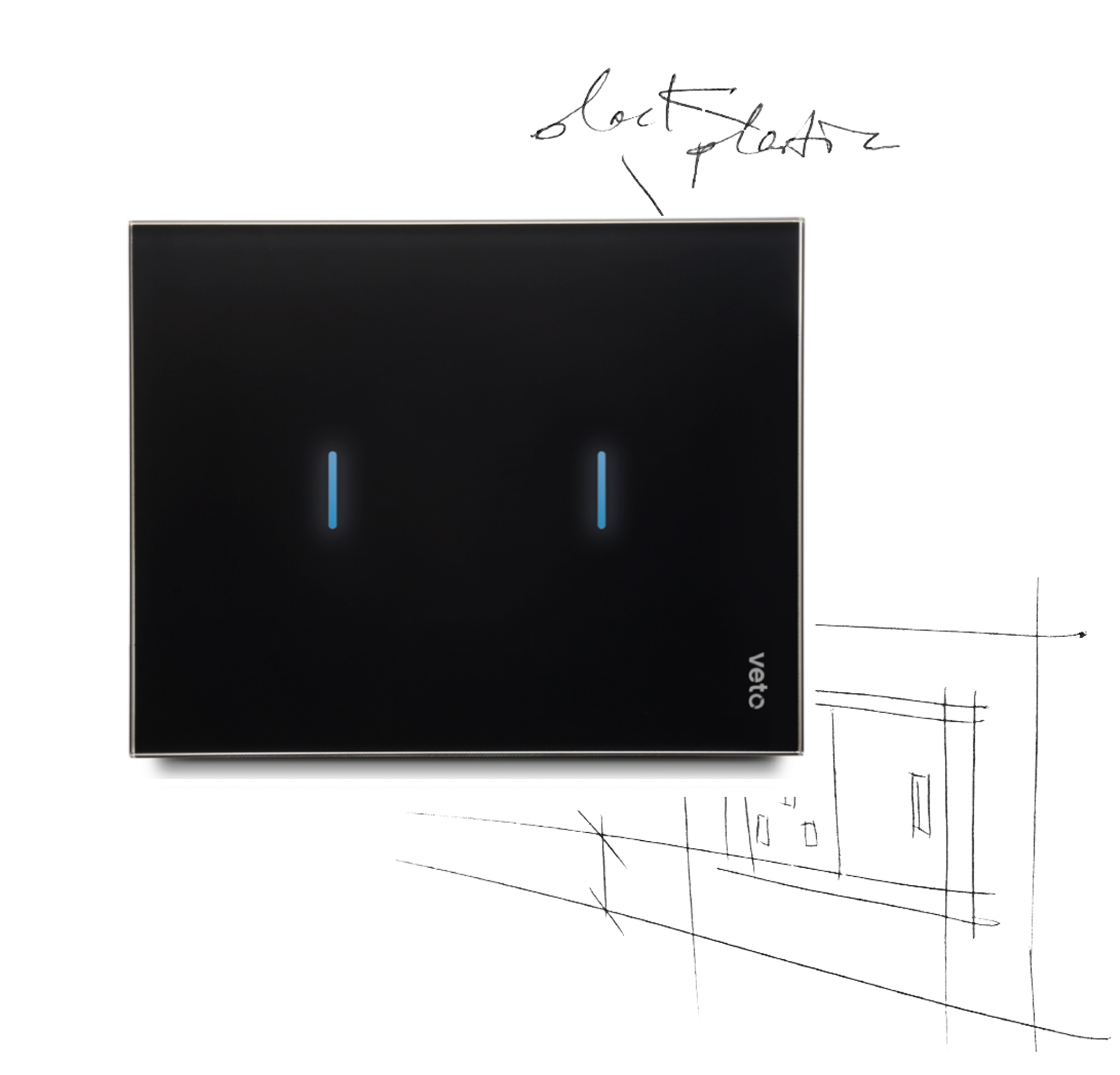 Black double switch touch plate with blue LEDs and sketch lines